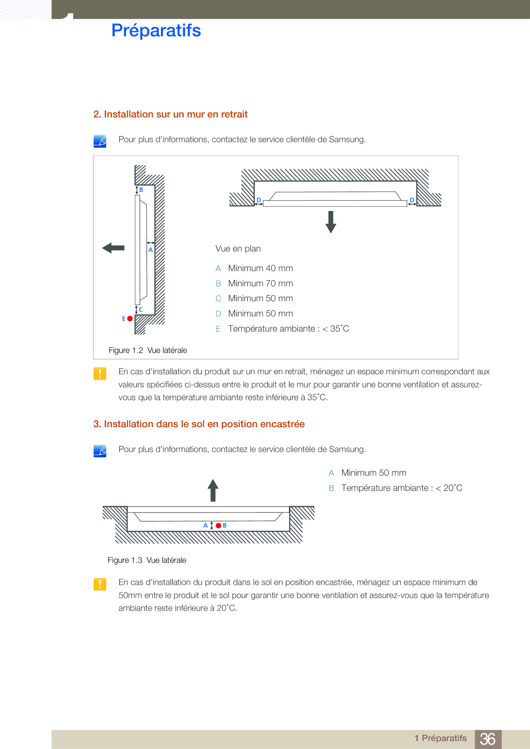 Samsung LH46SLBPLBC/EN manual Installation sur un mur en retrait, Installation dans le sol en position encastrée 