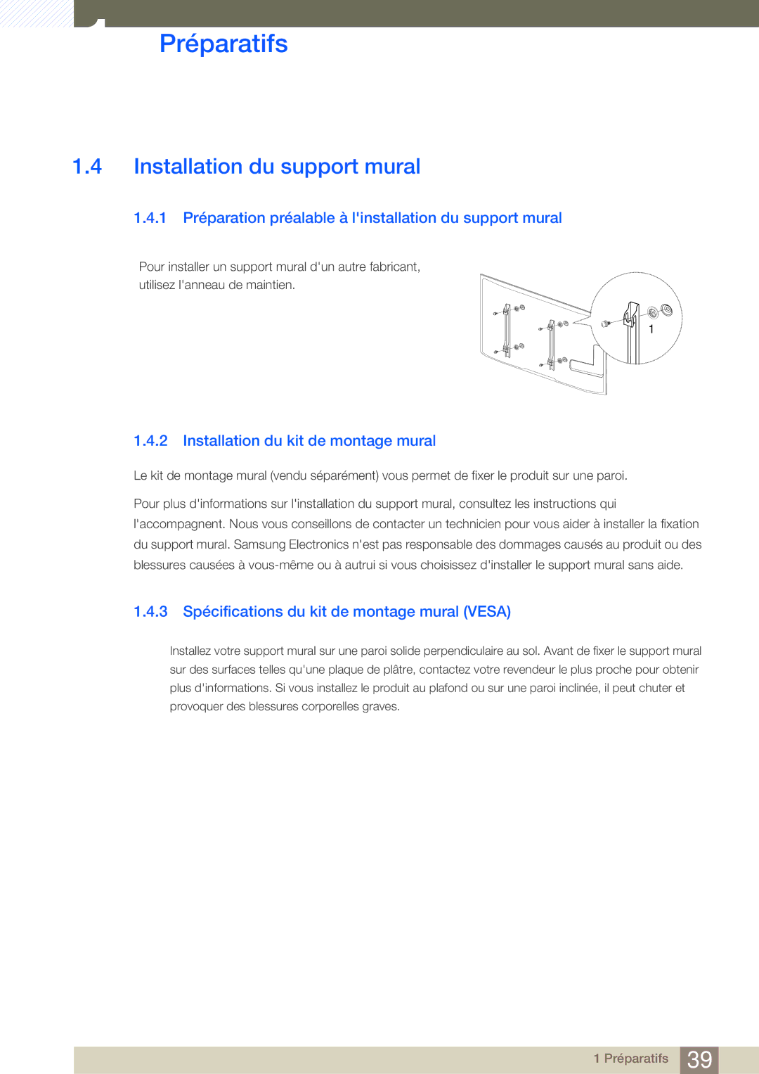 Samsung LH46SLBPLBC/EN manual Installation du support mural, 1 Préparation préalable à linstallation du support mural 