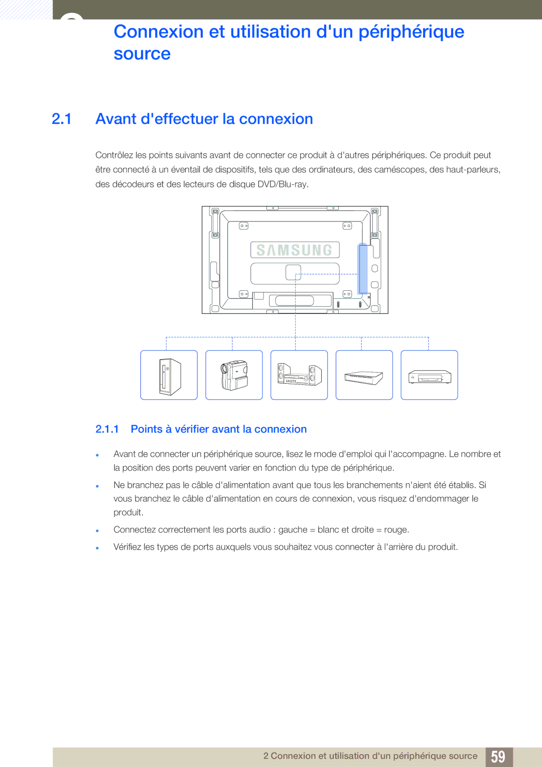 Samsung LH46SLBPLBC/EN manual Connexionsource et utilisation dun périphérique, Avant deffectuer la connexion 