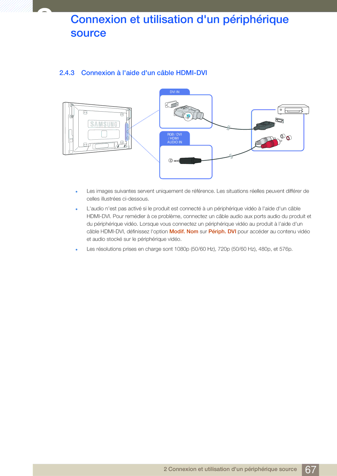 Samsung LH46SLBPLBC/EN manual Connexion à laide dun câble HDMI-DVI 