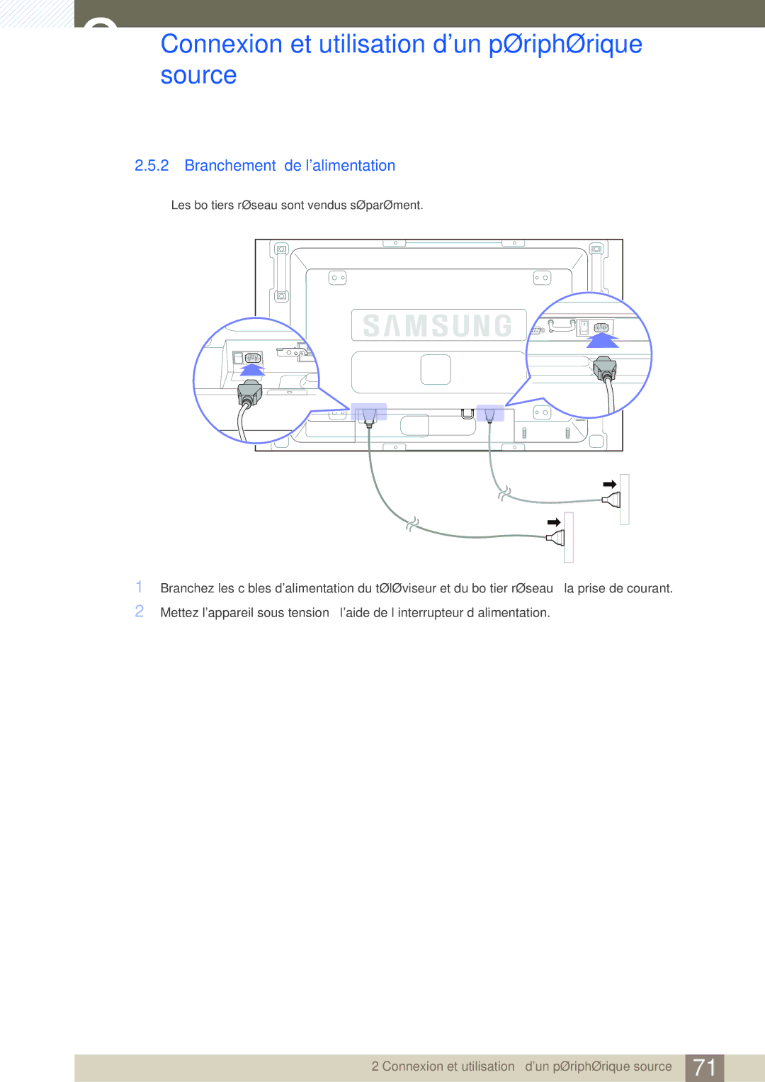 Samsung LH46SLBPLBC/EN manual Branchement de lalimentation 