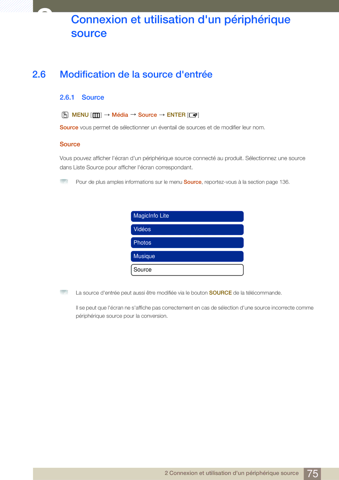 Samsung LH46SLBPLBC/EN manual Modification de la source dentrée, Menu m Média Source Enter 