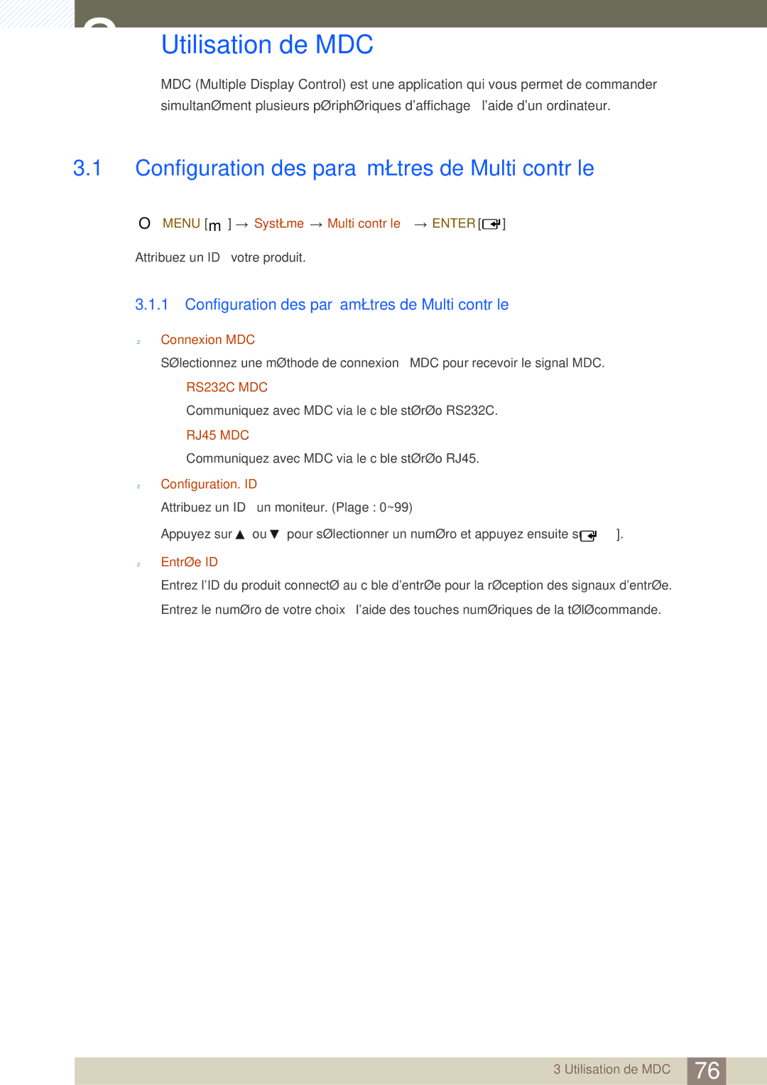 Samsung LH46SLBPLBC/EN manual Utilisation de MDC, Configuration des paramètres de Multi contrôle 