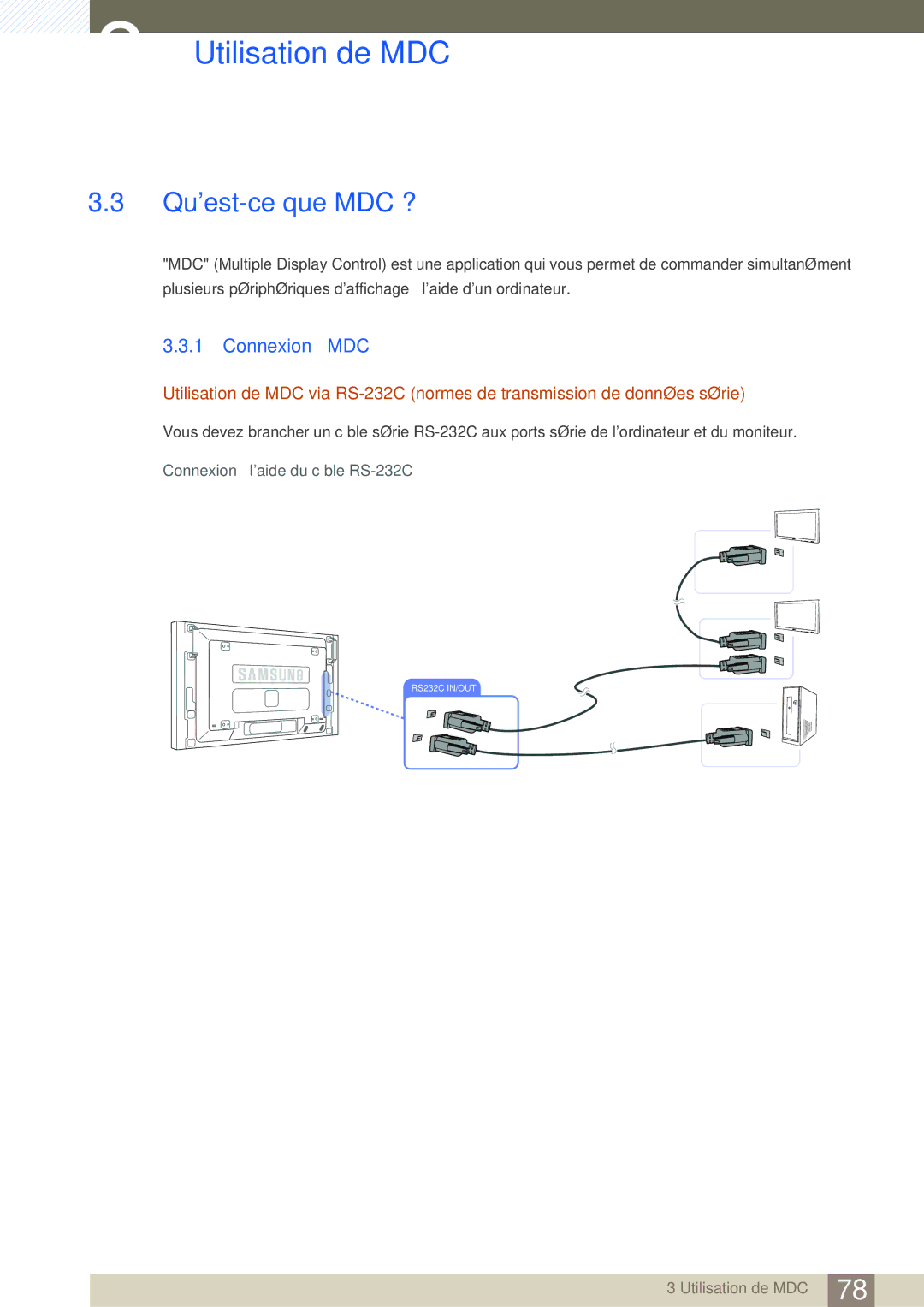 Samsung LH46SLBPLBC/EN manual Quest-ce que MDC ?, Connexion à MDC, Connexion à laide du câble RS-232C 