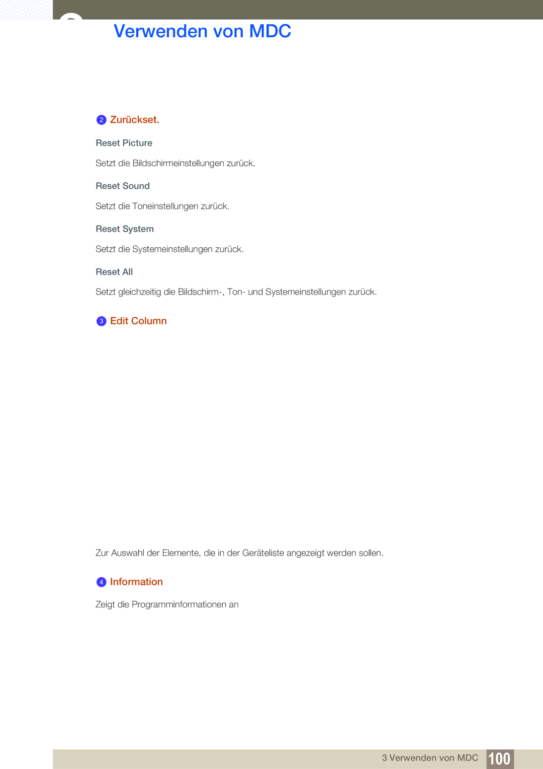 Samsung LH46SLBPLBC/EN manual Zurückset, Edit Column, Information 