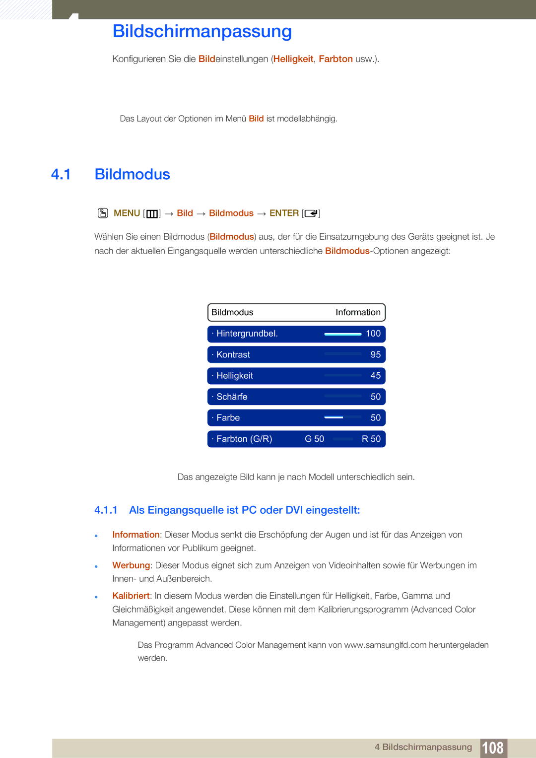 Samsung LH46SLBPLBC/EN manual Bildschirmanpassung, Bildmodus, Als Eingangsquelle ist PC oder DVI eingestellt 