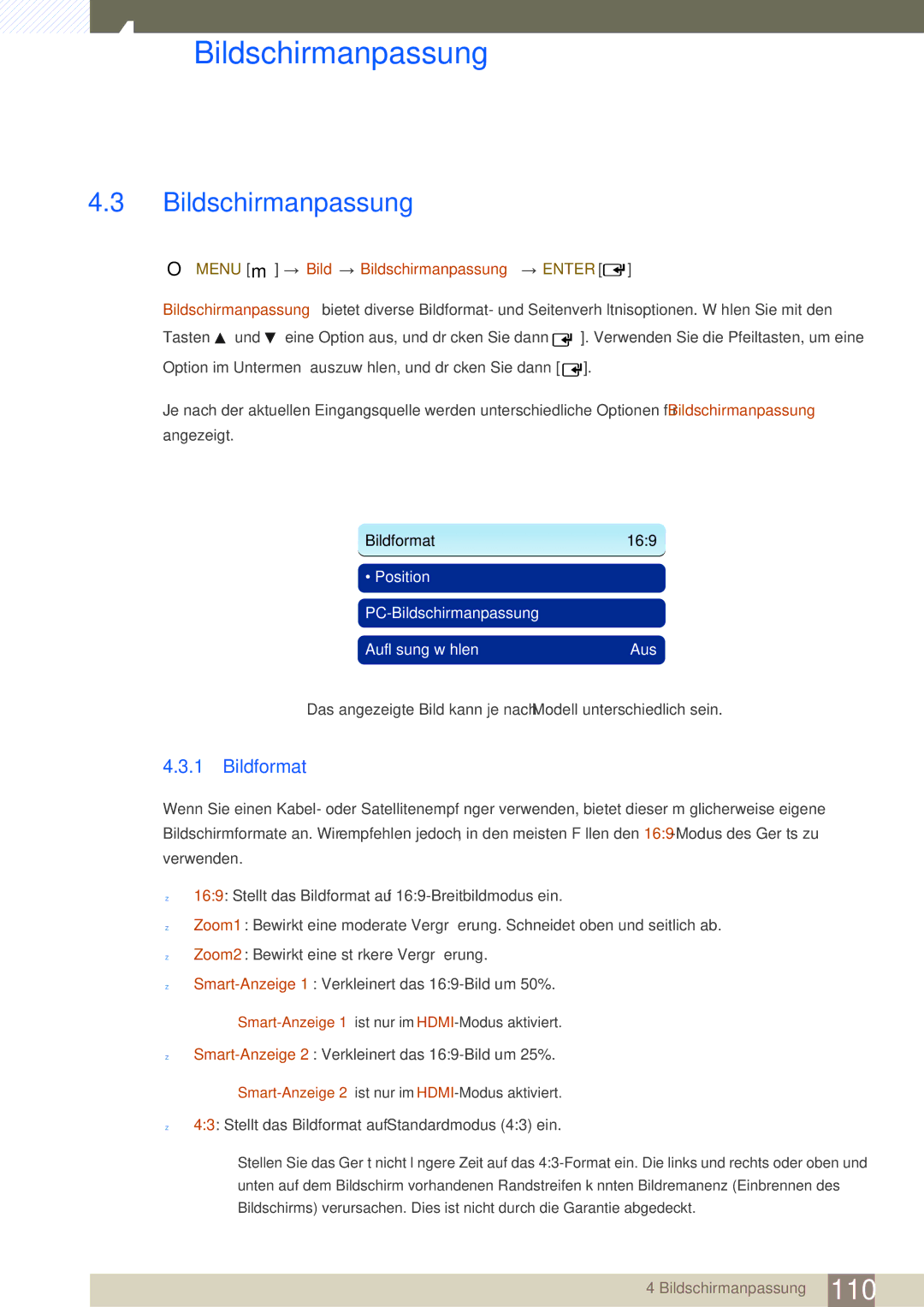 Samsung LH46SLBPLBC/EN manual Bildformat, Menu m Bild Bildschirmanpassung Enter 