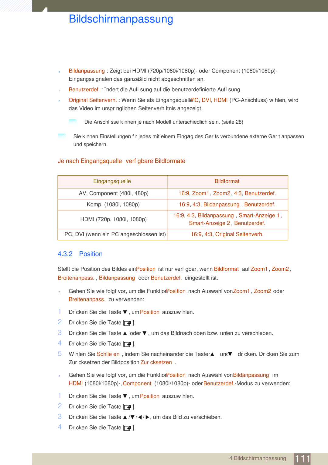 Samsung LH46SLBPLBC/EN manual Position, Je nach Eingangsquelle verfügbare Bildformate 