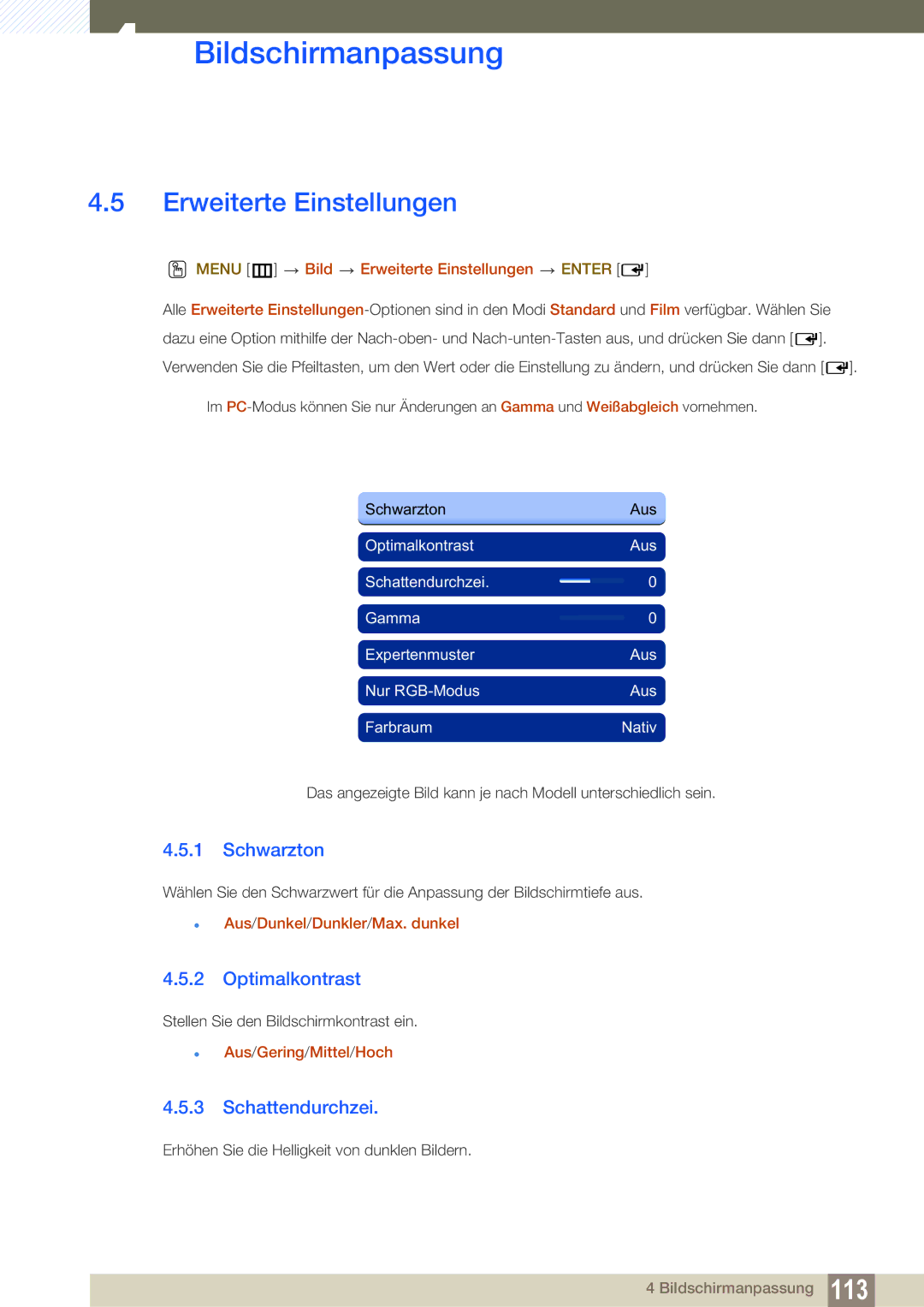 Samsung LH46SLBPLBC/EN manual Erweiterte Einstellungen, Schwarzton, Optimalkontrast, Schattendurchzei 