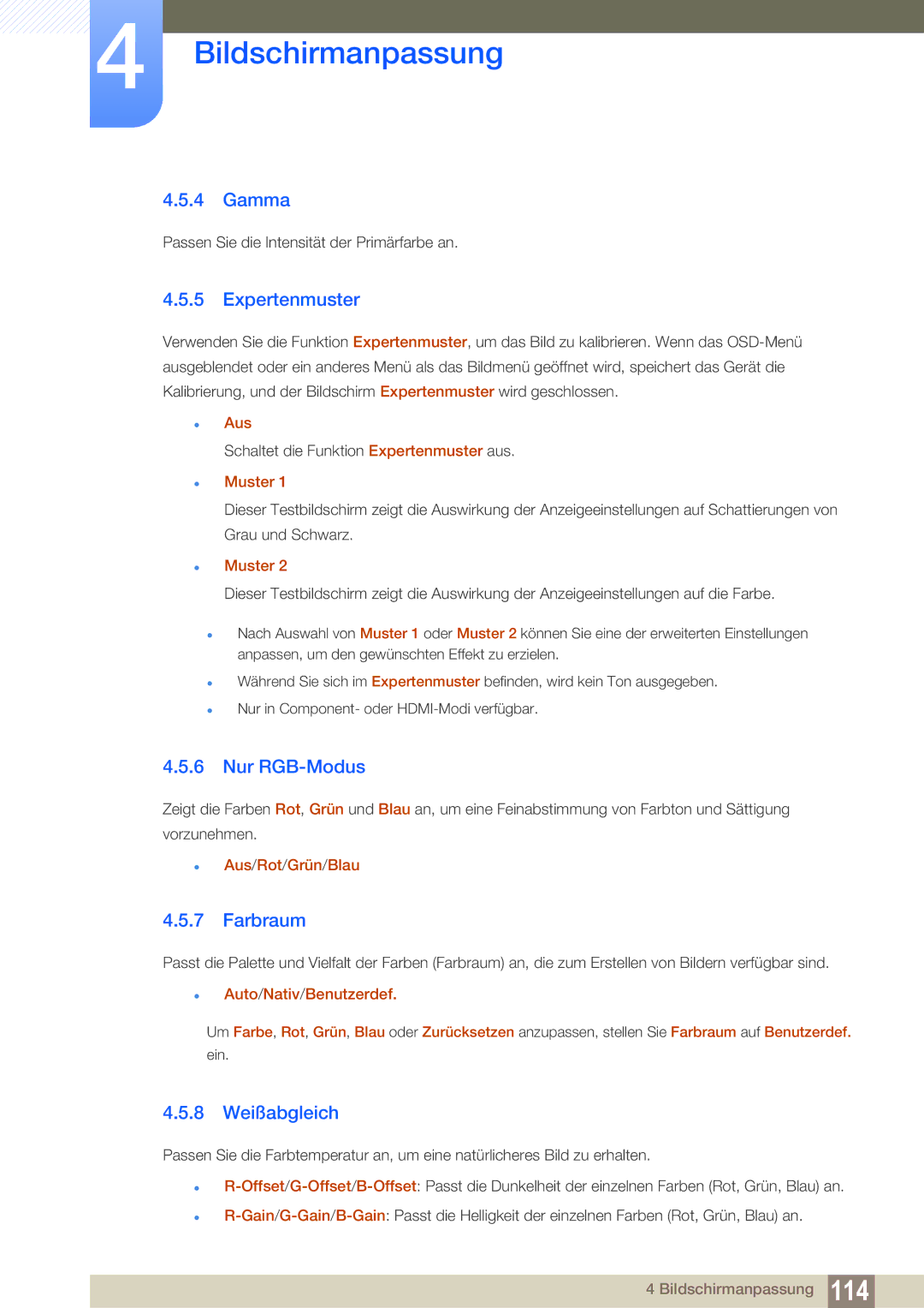Samsung LH46SLBPLBC/EN manual Gamma, Expertenmuster, Nur RGB-Modus, Farbraum, 8 Weißabgleich 