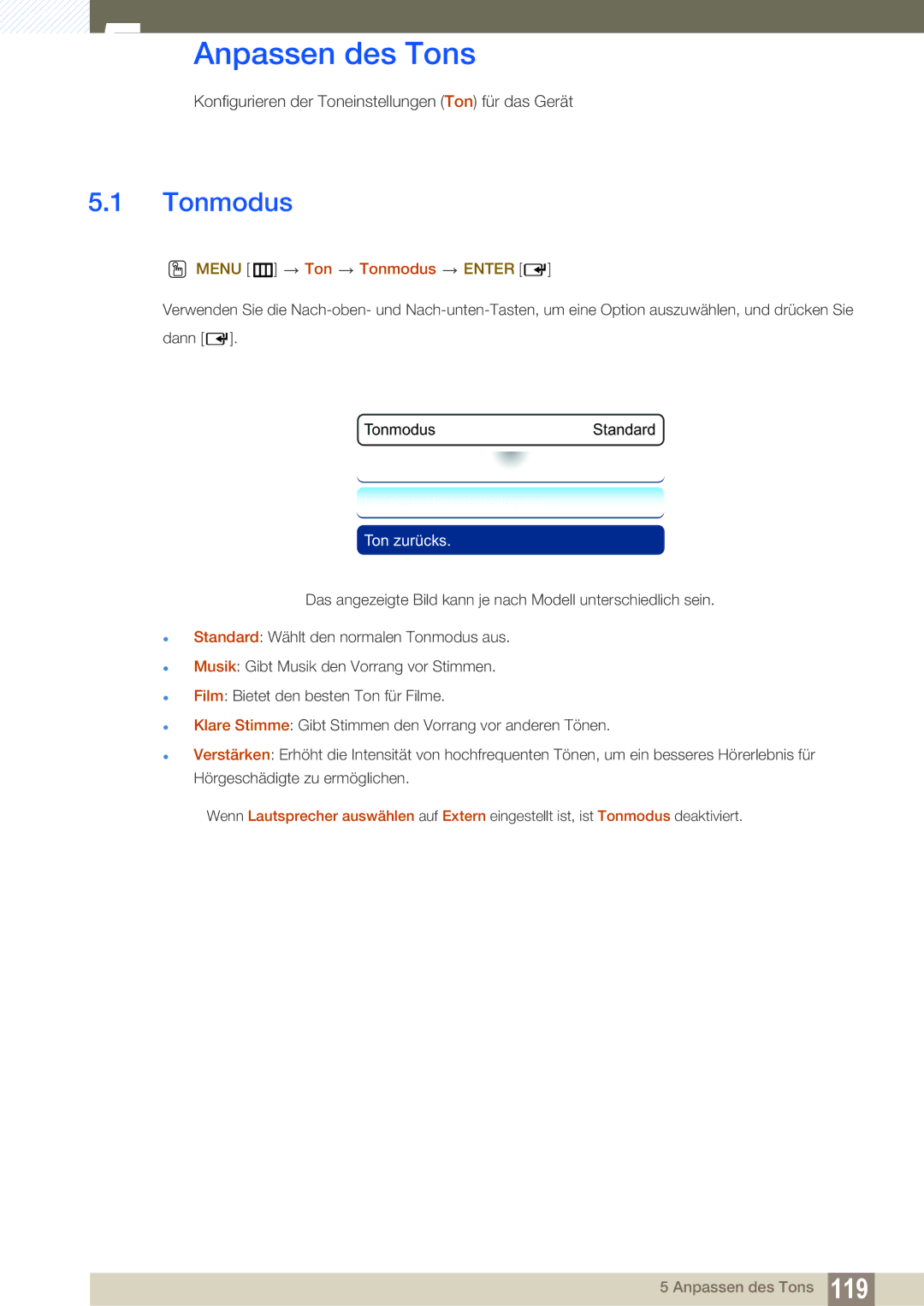Samsung LH46SLBPLBC/EN manual Anpassen des Tons, Menu m Ton Tonmodus Enter 