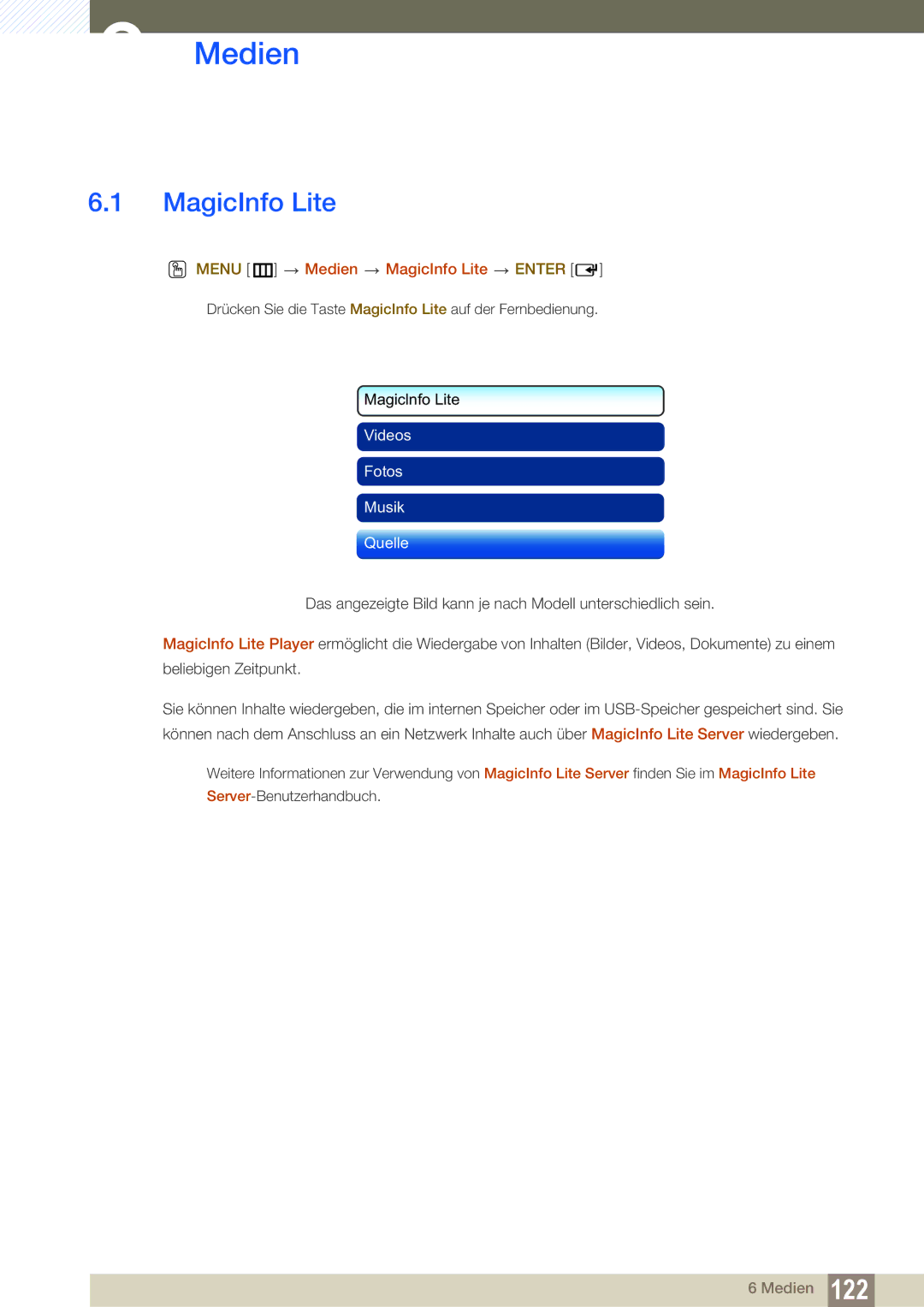 Samsung LH46SLBPLBC/EN manual Menu m Medien MagicInfo Lite Enter 