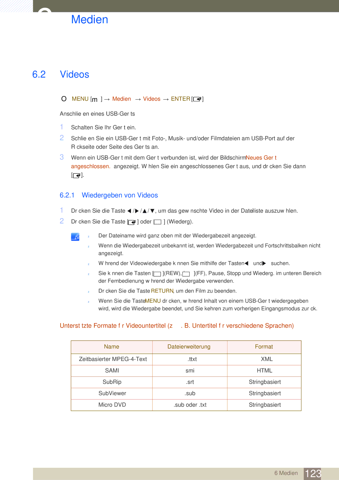 Samsung LH46SLBPLBC/EN manual Wiedergeben von Videos, Menu m Medien Videos Enter 