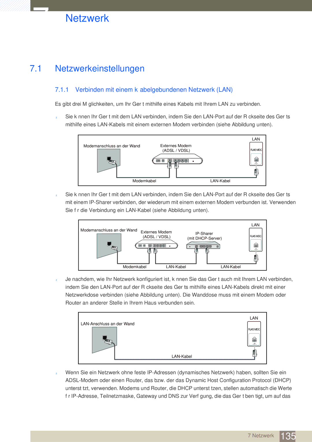 Samsung LH46SLBPLBC/EN manual Netzwerkeinstellungen, Verbinden mit einem kabelgebundenen Netzwerk LAN 