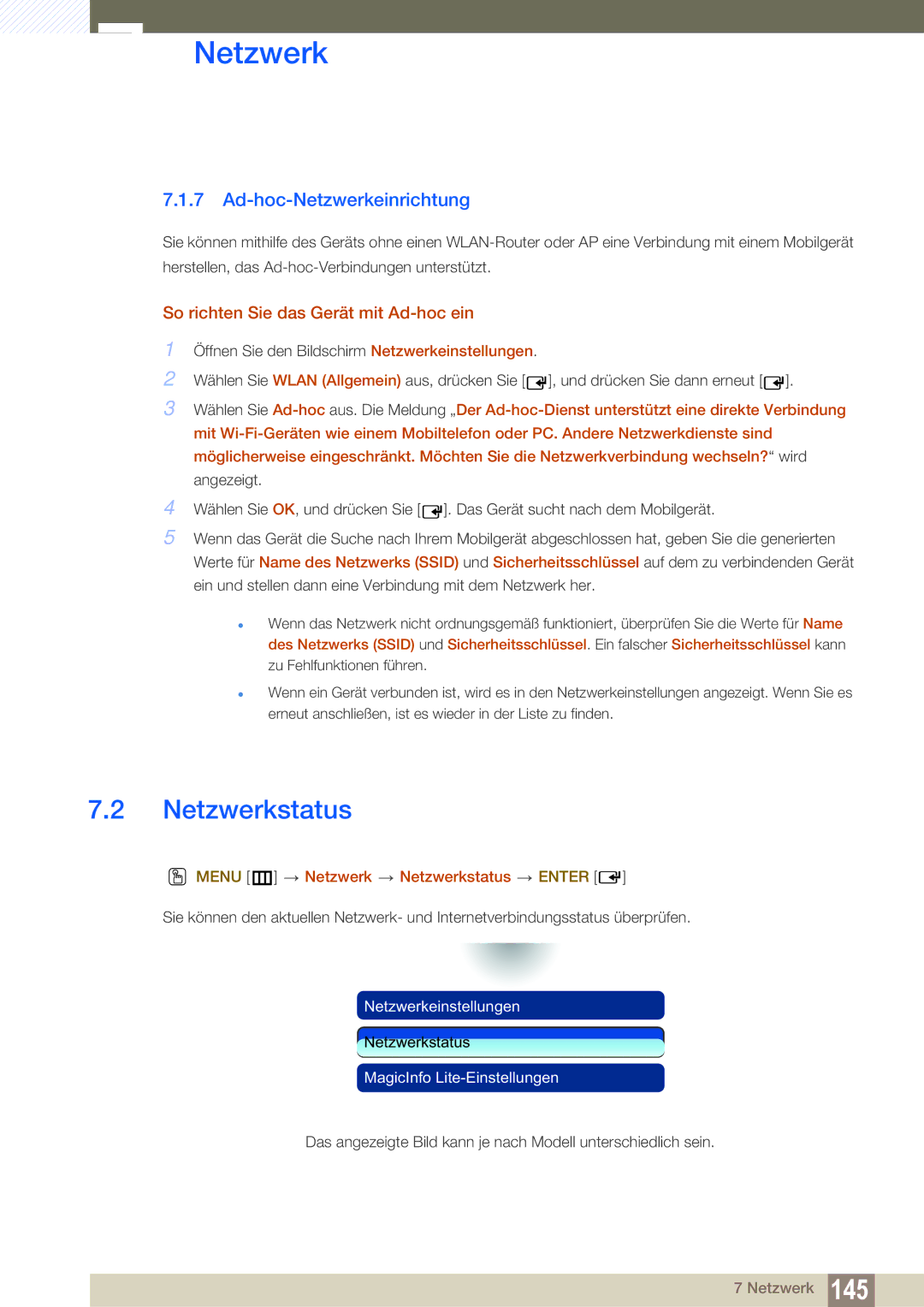 Samsung LH46SLBPLBC/EN manual Netzwerkstatus, Ad-hoc-Netzwerkeinrichtung, So richten Sie das Gerät mit Ad-hoc ein 