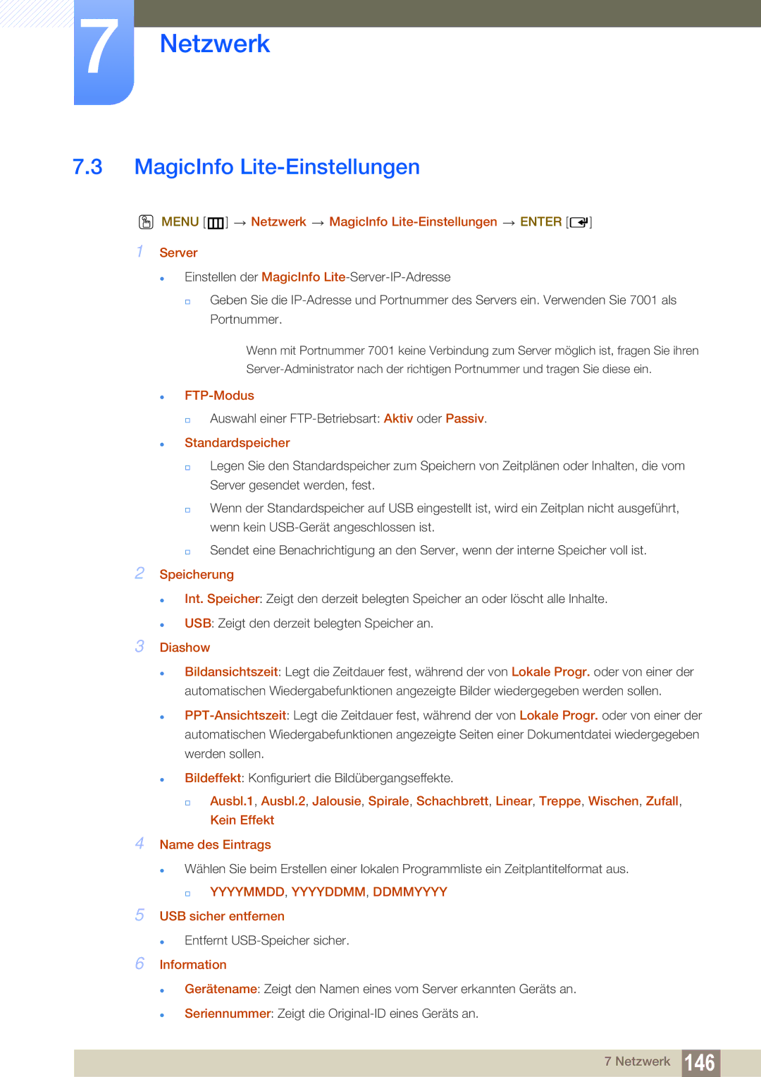 Samsung LH46SLBPLBC/EN manual MagicInfo Lite-Einstellungen 