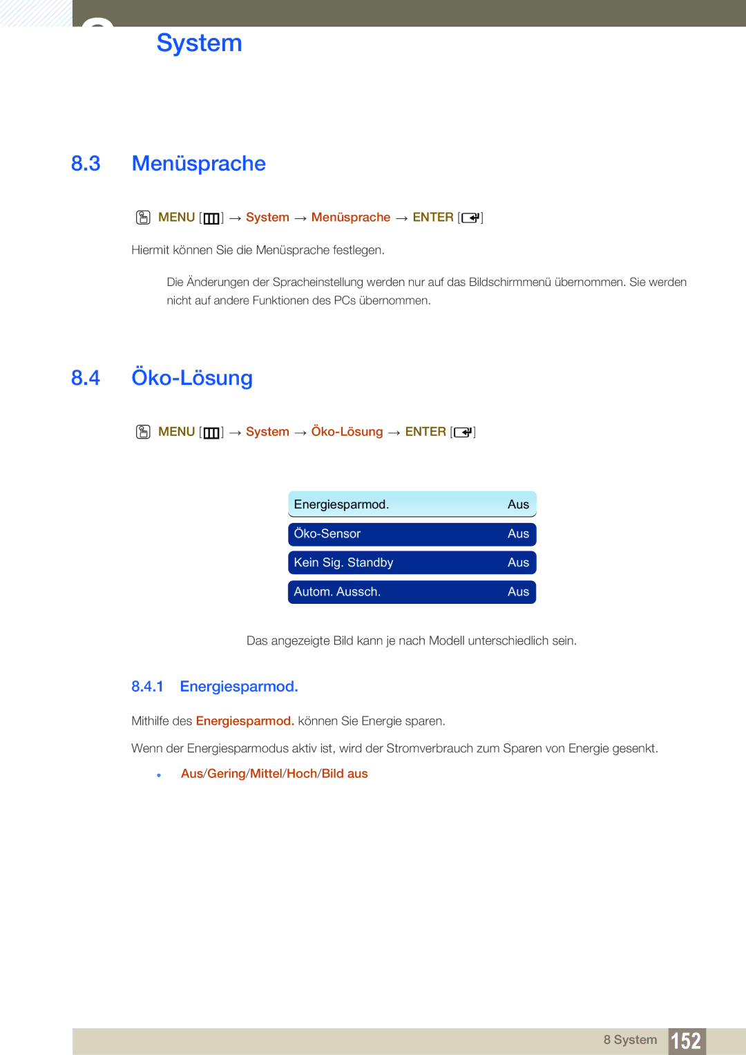 Samsung LH46SLBPLBC/EN Menüsprache, Energiesparmod, Menu m System Öko-Lösung Enter, Aus/Gering/Mittel/Hoch/Bild aus 