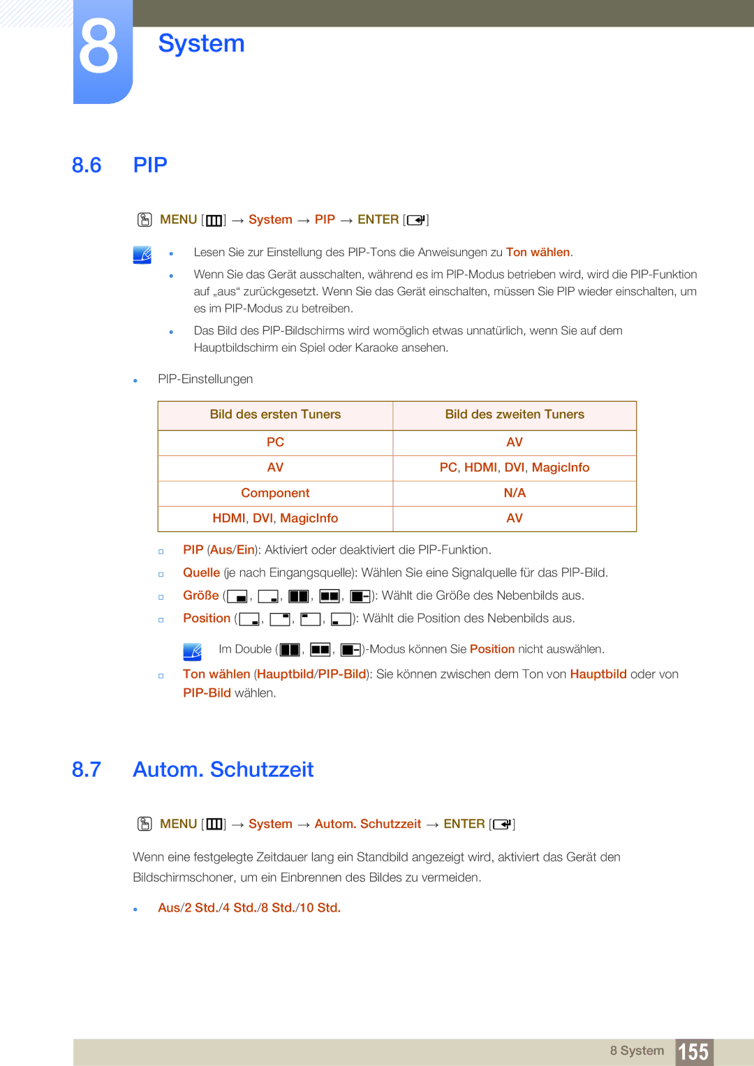 Samsung LH46SLBPLBC/EN manual Pip, Autom. Schutzzeit 