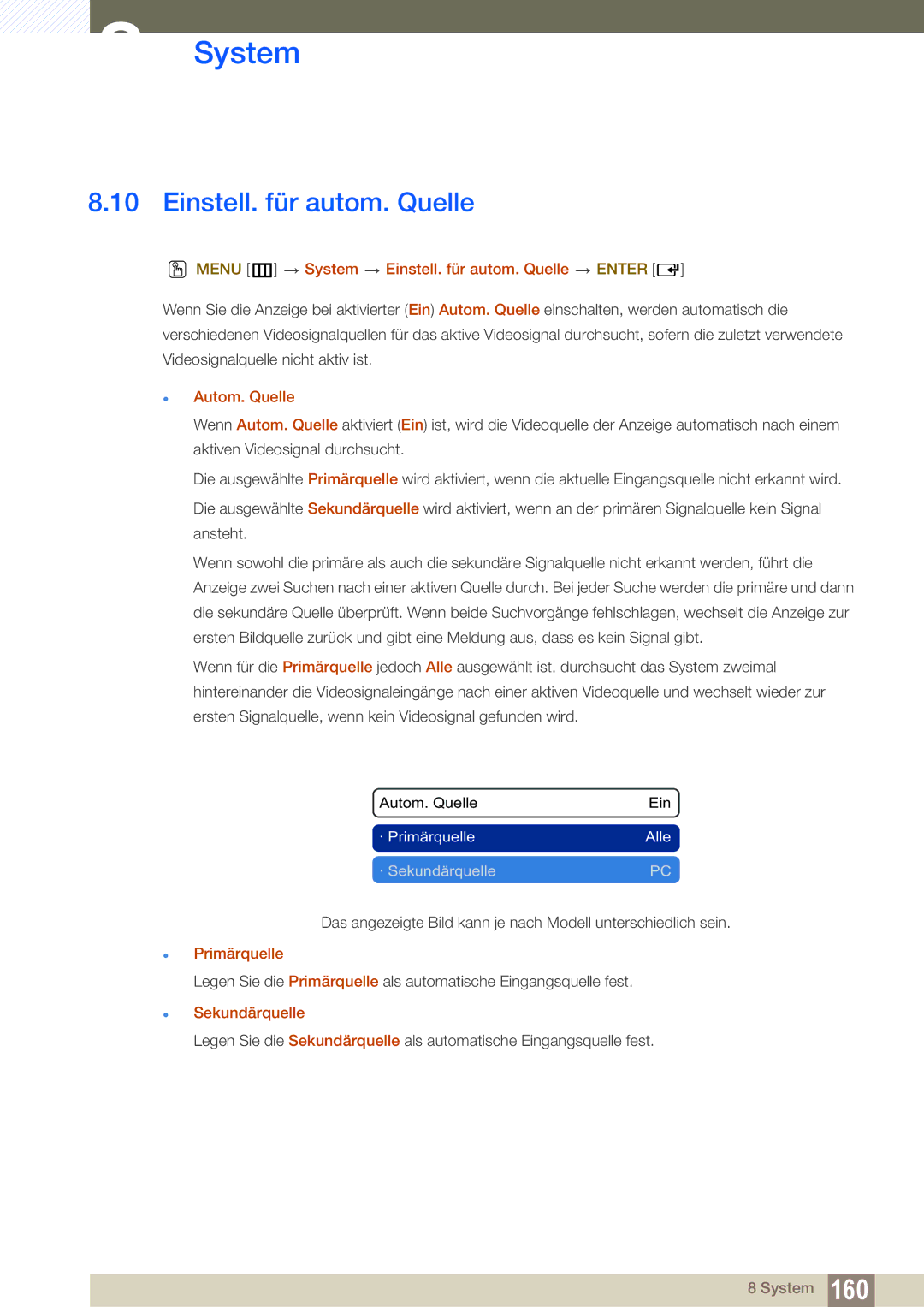 Samsung LH46SLBPLBC/EN manual Menu m System Einstell. für autom. Quelle Enter, Autom. Quelle, Primärquelle 