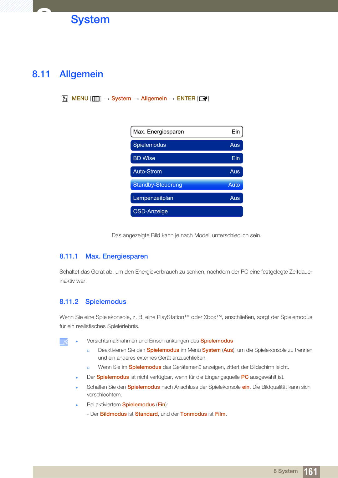 Samsung LH46SLBPLBC/EN manual 11.1 Max. Energiesparen, Spielemodus, Menu m System Allgemein Enter 