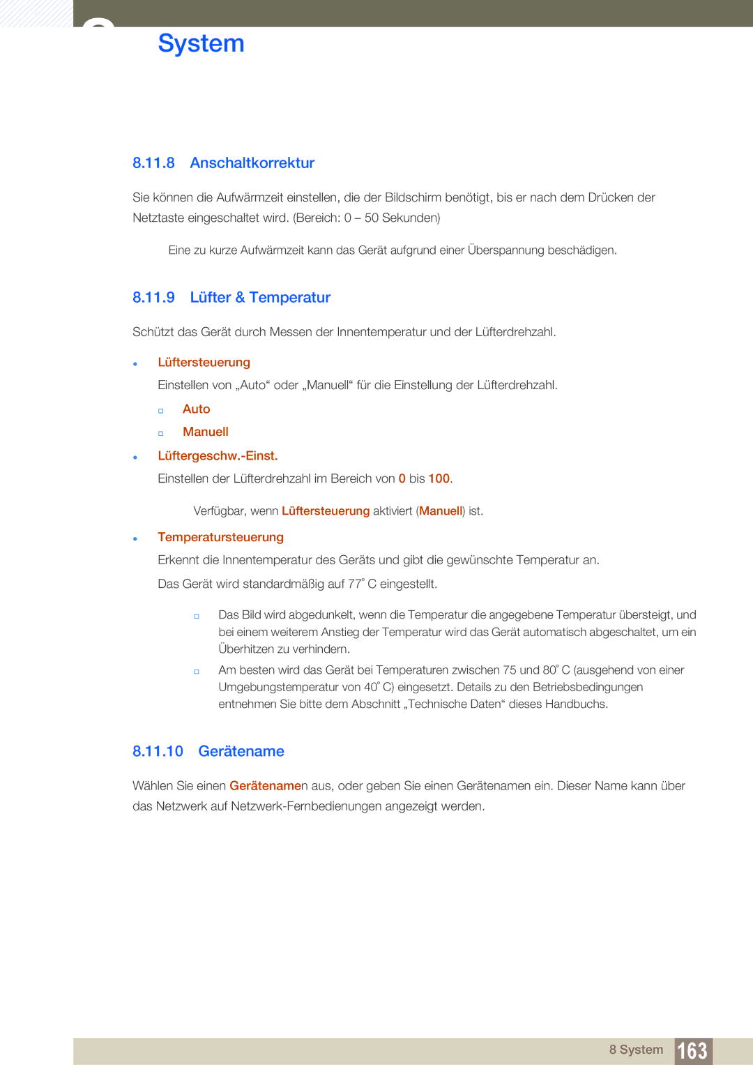 Samsung LH46SLBPLBC/EN manual Anschaltkorrektur, 11.9 Lüfter & Temperatur, 11.10 Gerätename 