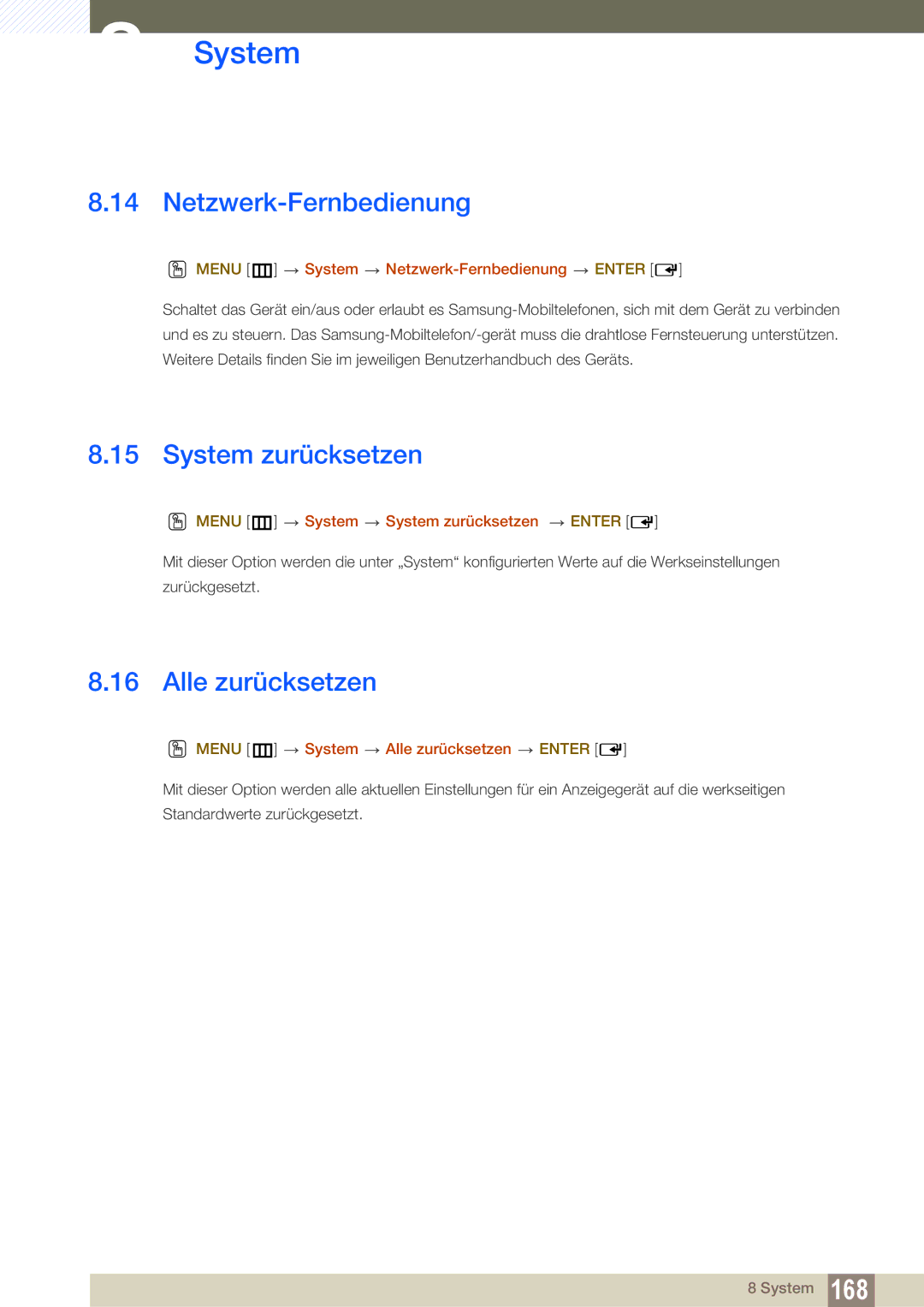 Samsung LH46SLBPLBC/EN manual Netzwerk-Fernbedienung, System zurücksetzen, Alle zurücksetzen 