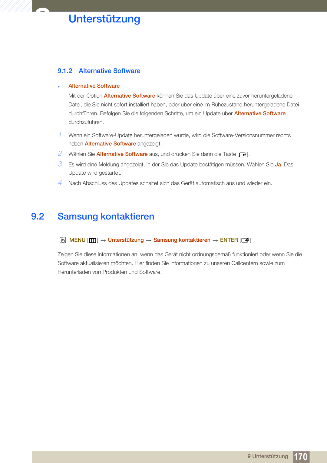 Samsung LH46SLBPLBC/EN manual Alternative Software, Menu m Unterstützung Samsung kontaktieren Enter 