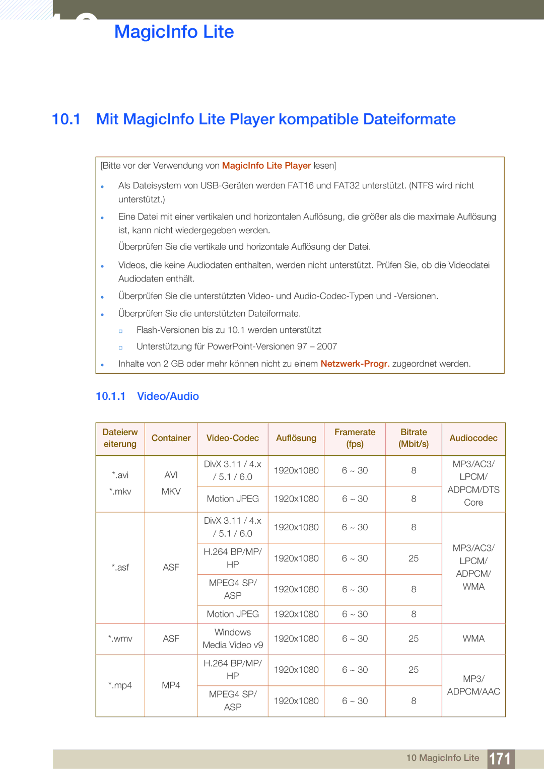 Samsung LH46SLBPLBC/EN manual Mit MagicInfo Lite Player kompatible Dateiformate, Video/Audio 