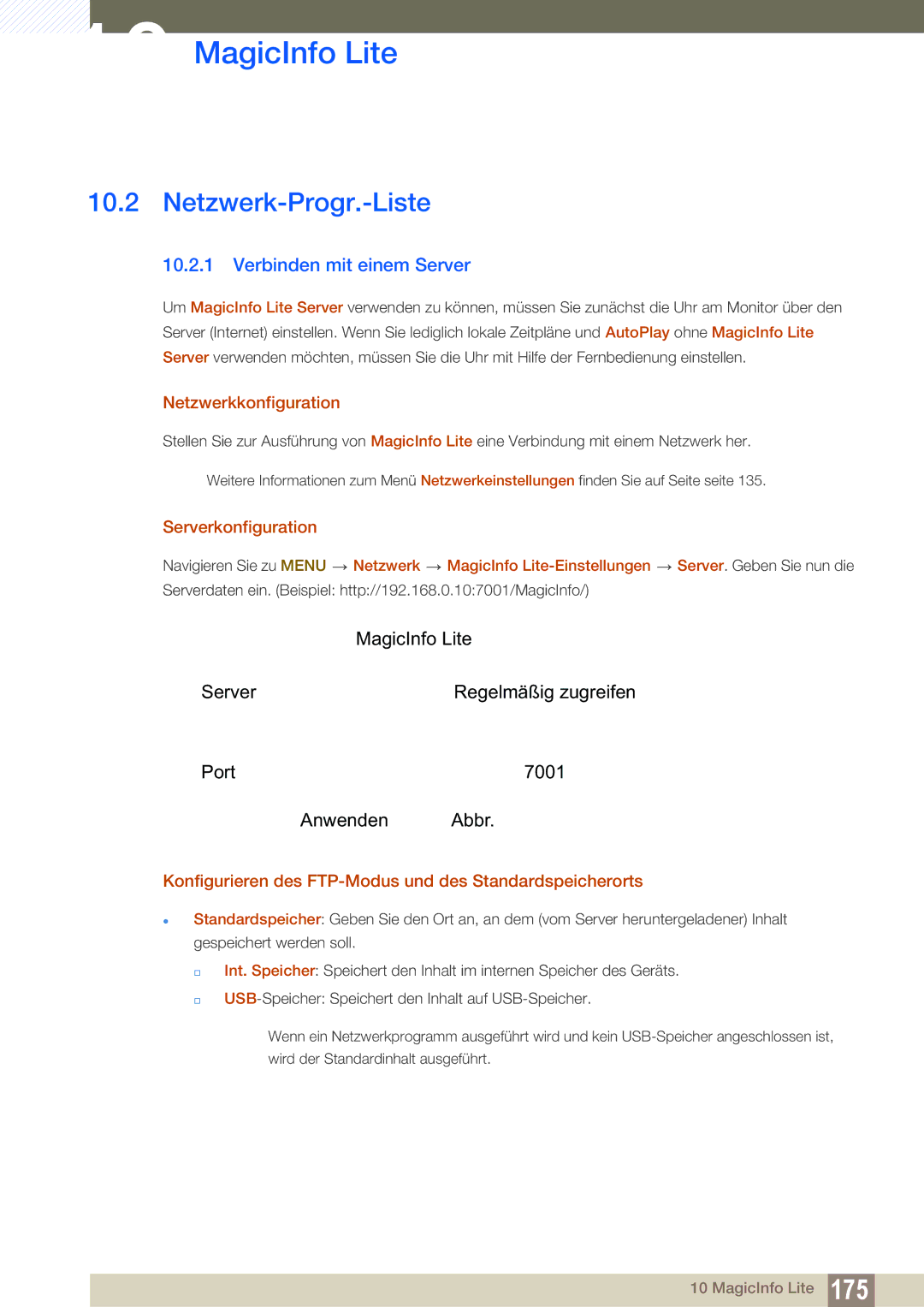 Samsung LH46SLBPLBC/EN manual Netzwerk-Progr.-Liste, Verbinden mit einem Server, Netzwerkkonfiguration, Serverkonfiguration 