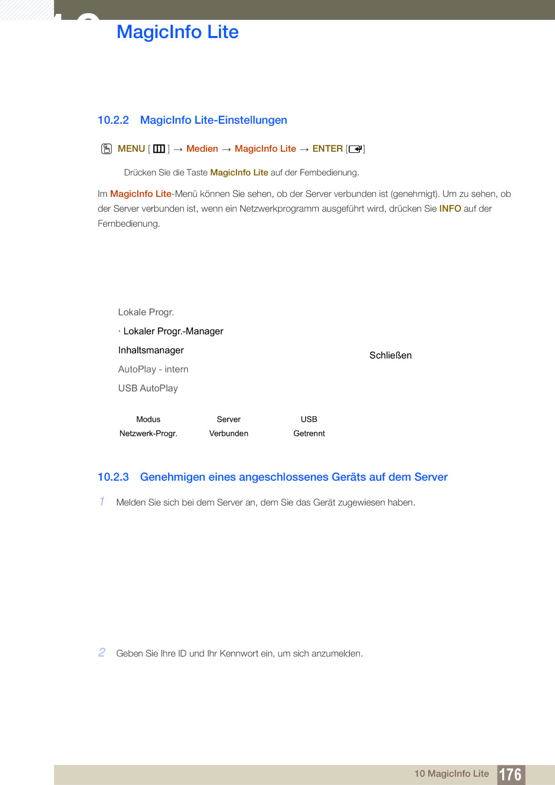 Samsung LH46SLBPLBC/EN manual MagicInfo Lite-Einstellungen, Genehmigen eines angeschlossenes Geräts auf dem Server 