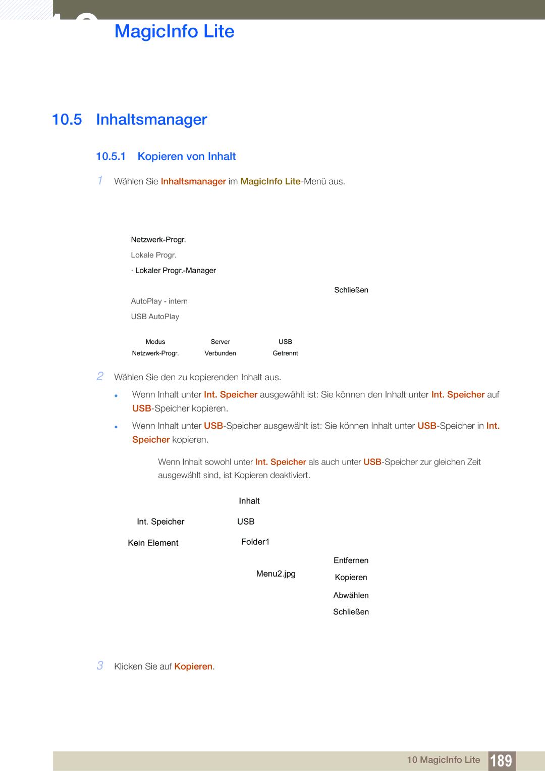 Samsung LH46SLBPLBC/EN manual Inhaltsmanager, Kopieren von Inhalt 