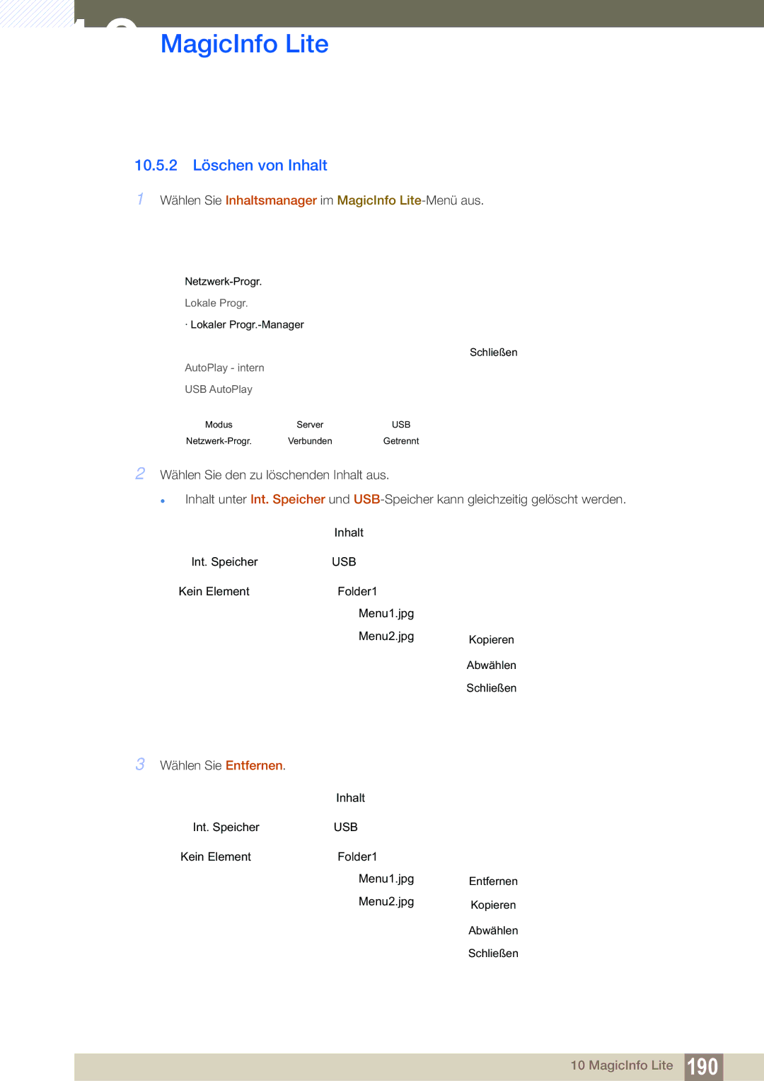 Samsung LH46SLBPLBC/EN manual 10.5.2 Löschen von Inhalt 