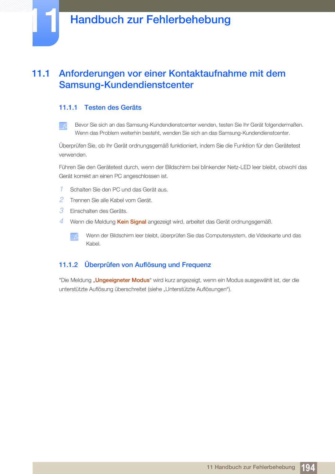 Samsung LH46SLBPLBC/EN manual Handbuch zur Fehlerbehebung, Testen des Geräts, 11.1.2 Überprüfen von Auflösung und Frequenz 