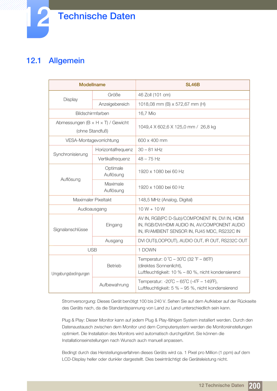 Samsung LH46SLBPLBC/EN manual Technische Daten, SL46B 