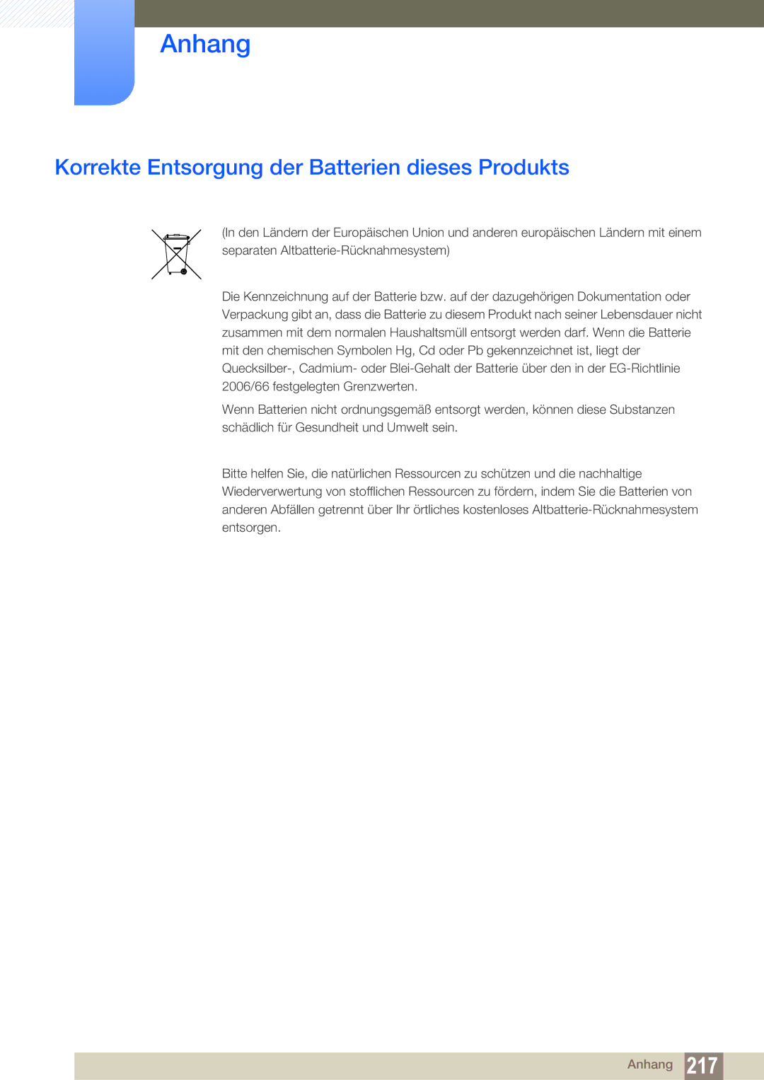 Samsung LH46SLBPLBC/EN manual Korrekte Entsorgung der Batterien dieses Produkts 