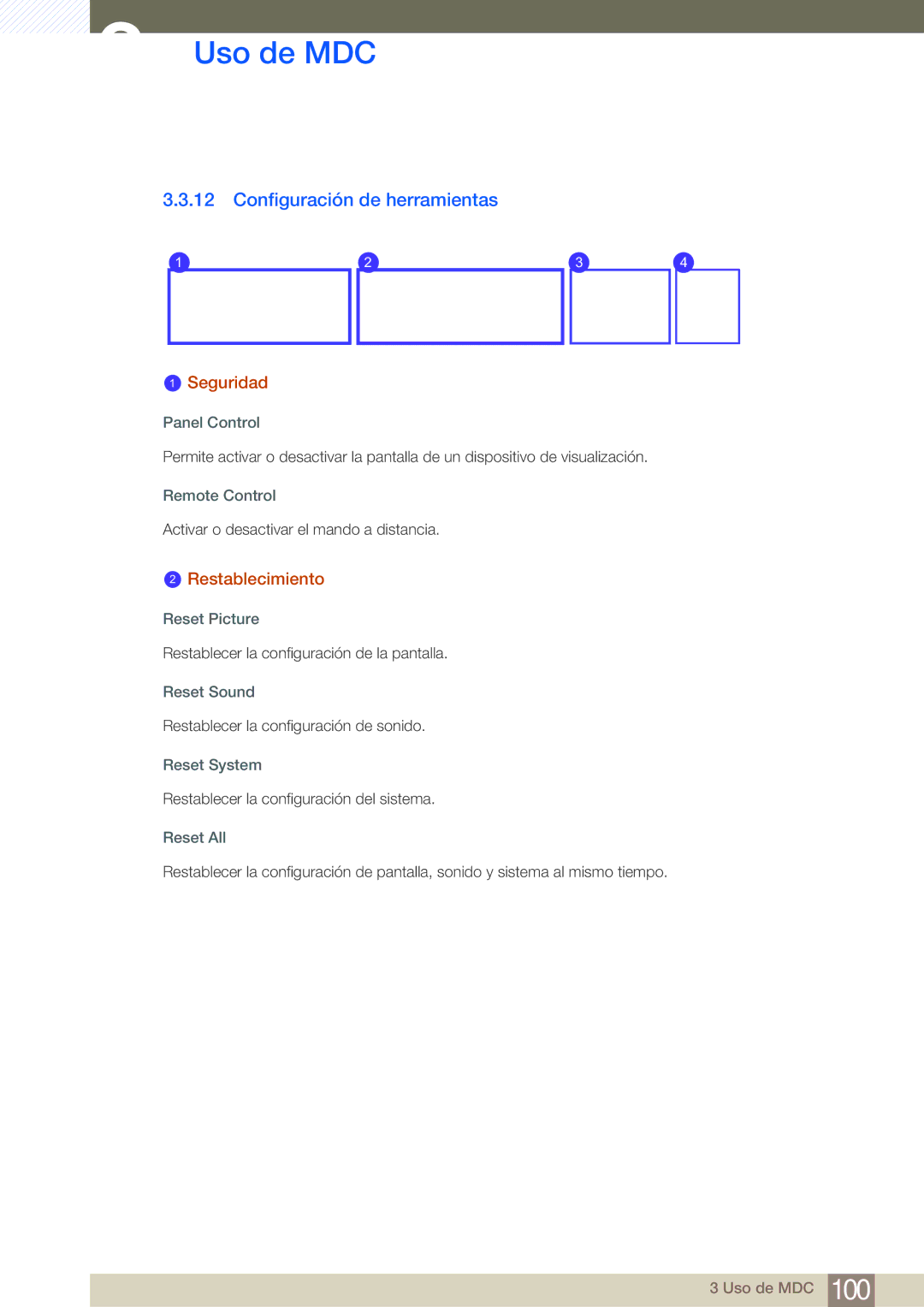 Samsung LH46SLBPLBC/EN manual Configuración de herramientas, Restablecimiento 