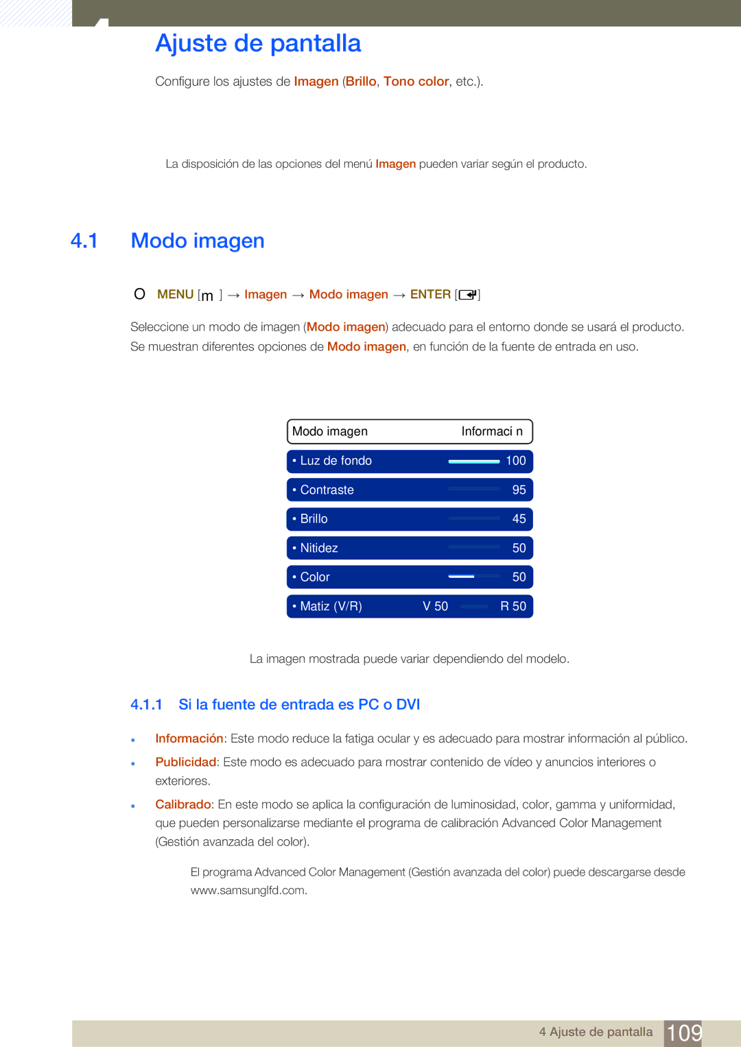 Samsung LH46SLBPLBC/EN manual Ajuste de pantalla, Modo imagen, Si la fuente de entrada es PC o DVI 