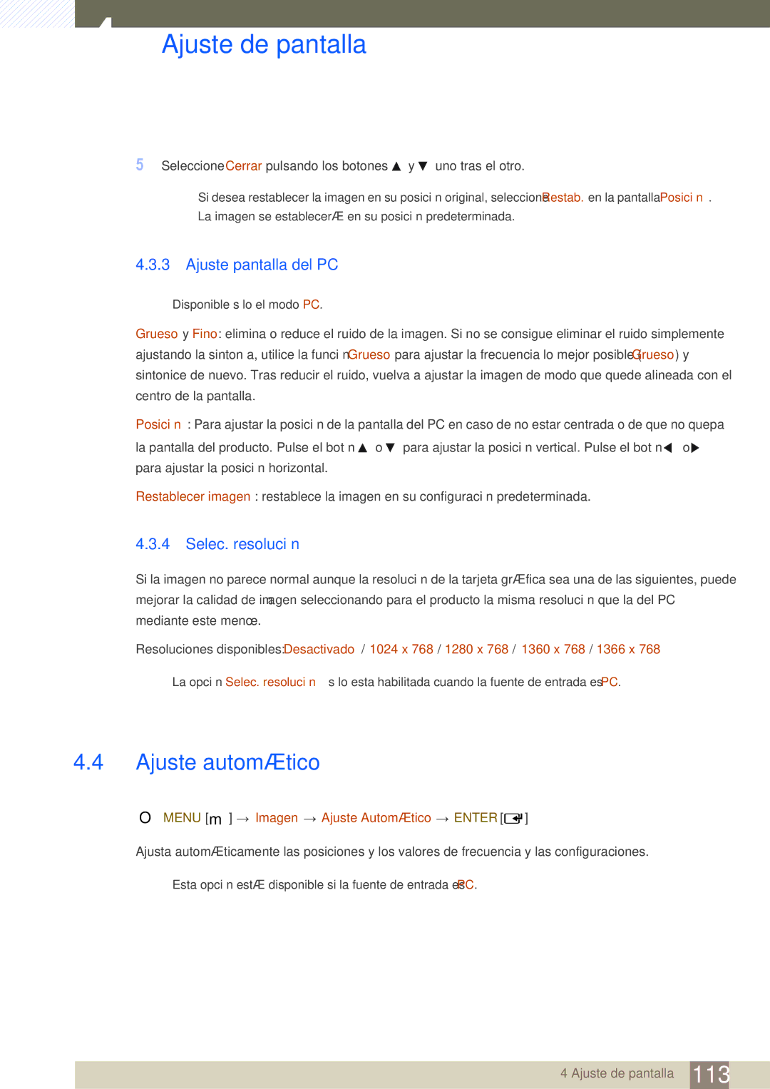 Samsung LH46SLBPLBC/EN Ajuste automático, Ajuste pantalla del PC, Selec. resolución, Menu m Imagen Ajuste Automático Enter 