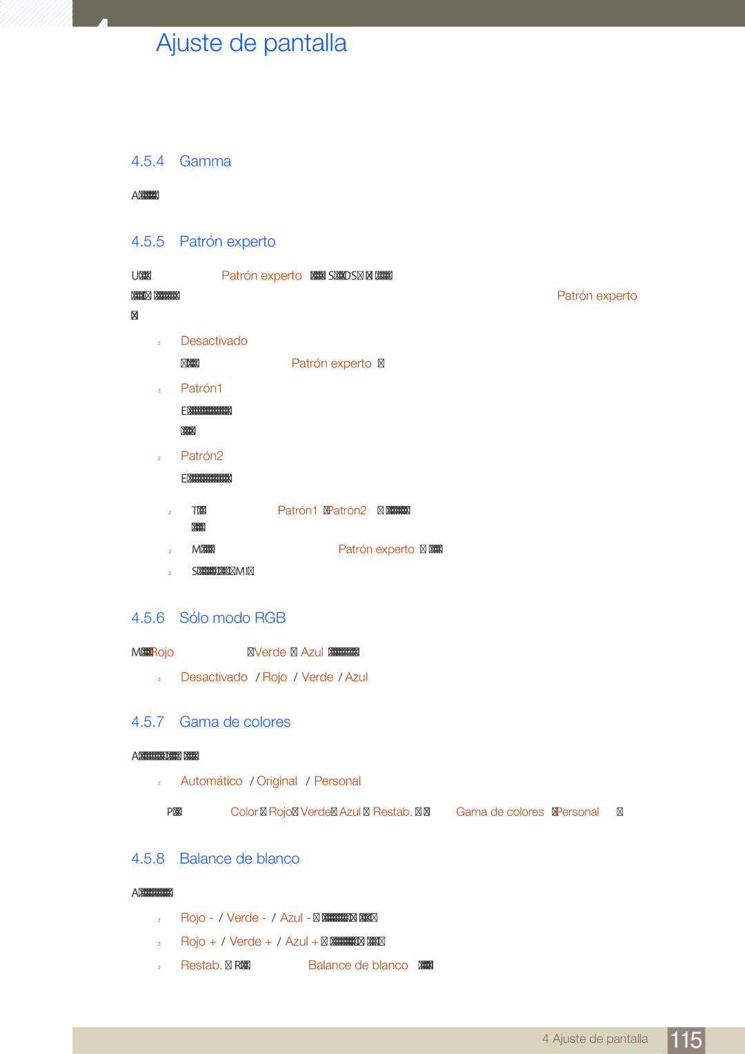 Samsung LH46SLBPLBC/EN manual Gamma, Patrón experto, 6 Sólo modo RGB, Gama de colores, Balance de blanco 
