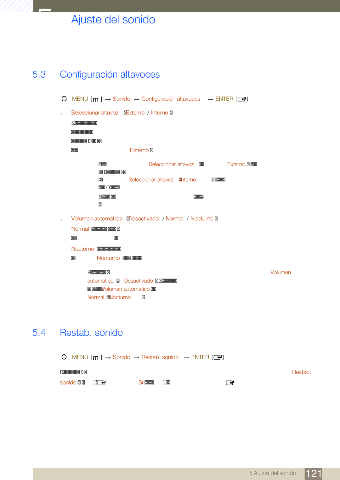 Samsung LH46SLBPLBC/EN manual Configuración altavoces, Restab. sonido, Volumen automático Desactivado / Normal / Nocturno 