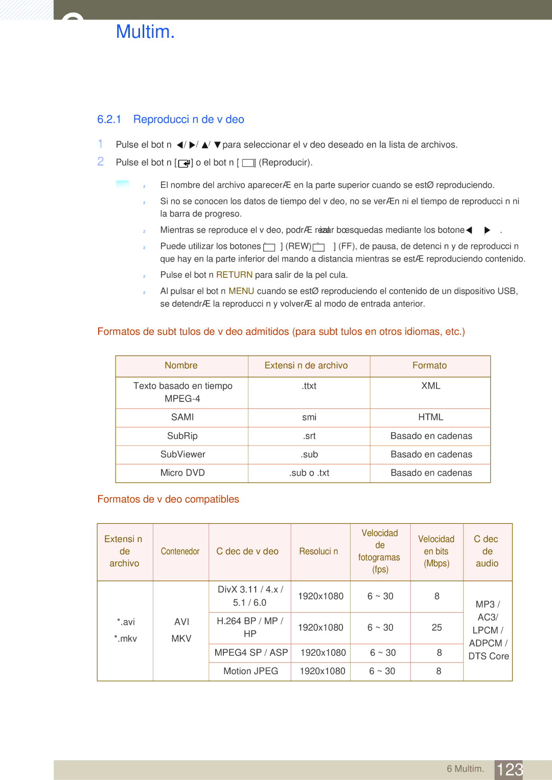 Samsung LH46SLBPLBC/EN manual Reproducción de vídeo, Formatos de vídeo compatibles 