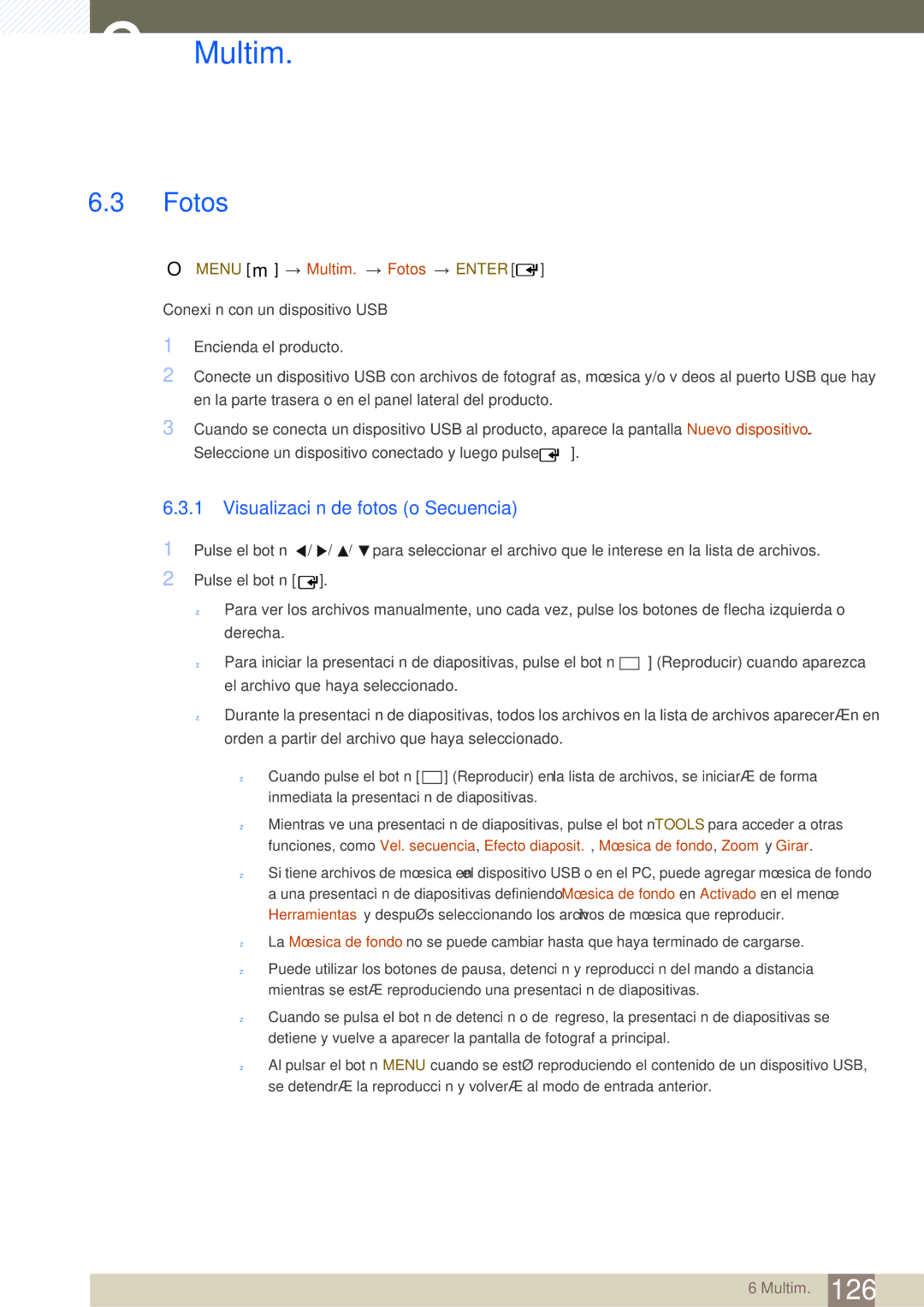 Samsung LH46SLBPLBC/EN manual Visualización de fotos o Secuencia, Menu m Multim. Fotos Enter 