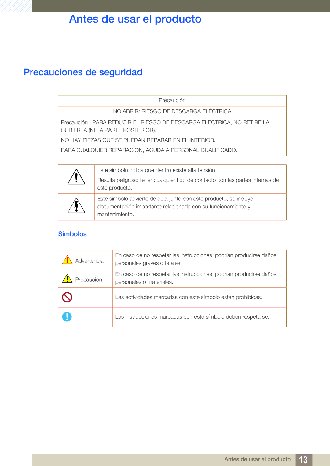 Samsung LH46SLBPLBC/EN manual Precauciones de seguridad, Símbolos 