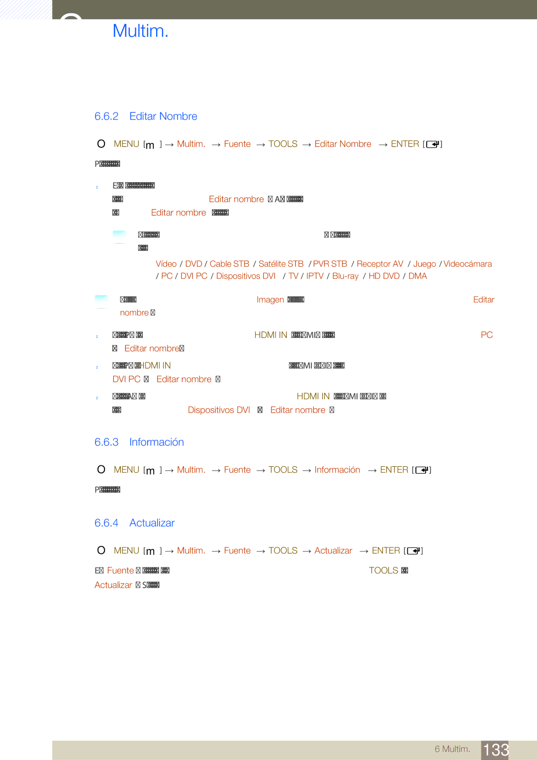 Samsung LH46SLBPLBC/EN manual Editar Nombre, Información, Menu m Multim. Fuente Tools Actualizar Enter 