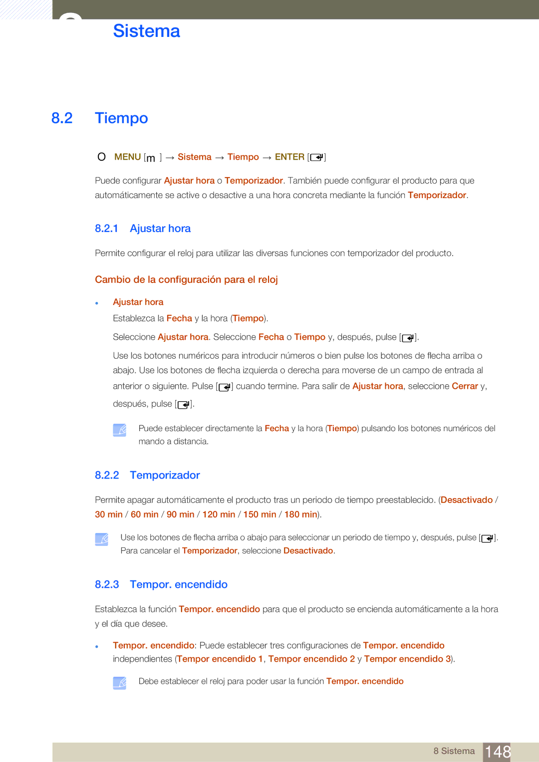 Samsung LH46SLBPLBC/EN Tiempo, Ajustar hora, Temporizador, Tempor. encendido, Cambio de la configuración para el reloj 