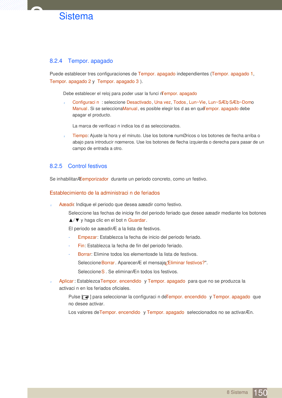 Samsung LH46SLBPLBC/EN manual Tempor. apagado, Control festivos, Establecimiento de la administración de feriados 