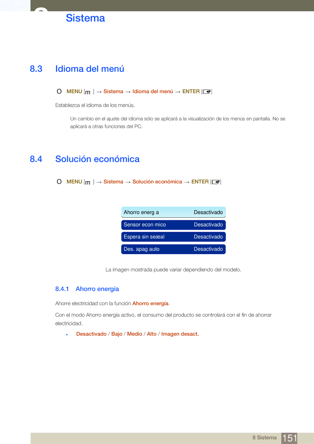 Samsung LH46SLBPLBC/EN manual Idioma del menú, Ahorro energía, Menu m Sistema Solución económica Enter 