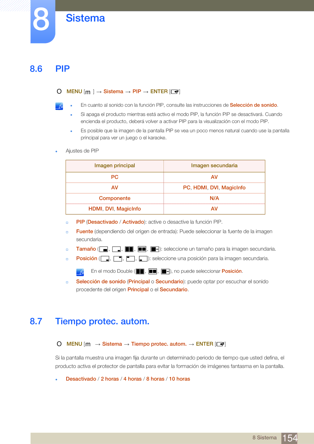 Samsung LH46SLBPLBC/EN manual Pip, Tiempo protec. autom 