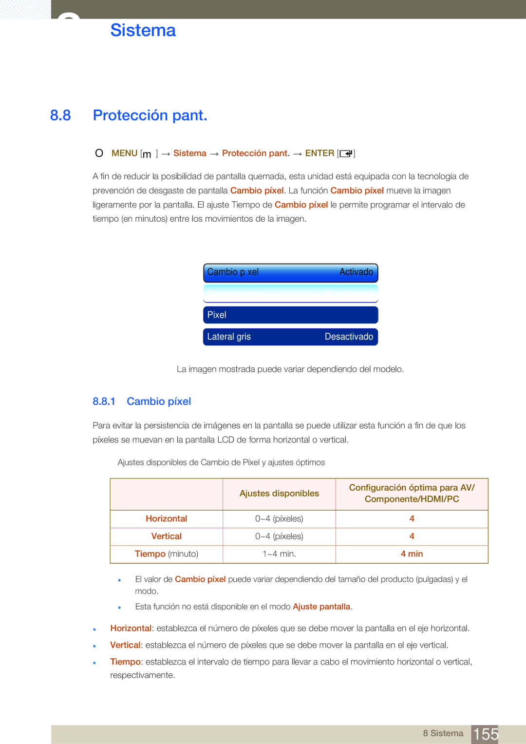 Samsung LH46SLBPLBC/EN manual Protección pant, Cambio píxel 