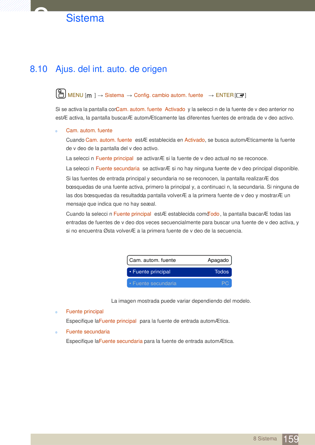 Samsung LH46SLBPLBC/EN Ajus. del int. auto. de origen, Menu m Sistema Config. cambio autom. fuente Enter, Fuente principal 